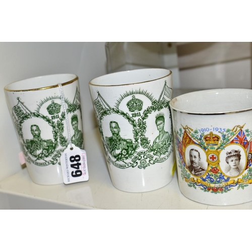 648 - A GROUP OF ROYAL/OTHER COMMEMORATIVES, to include two King George V Coronation 1911 beakers and a Si... 