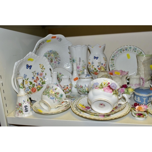 649 - A GROUP OF ORNAMENTS, TEAWARES & GLASSWARES, to include Aynsley 'Cottage Garden' and 'Wild Tudor' va... 