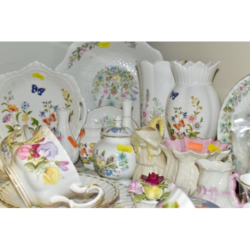 649 - A GROUP OF ORNAMENTS, TEAWARES & GLASSWARES, to include Aynsley 'Cottage Garden' and 'Wild Tudor' va... 