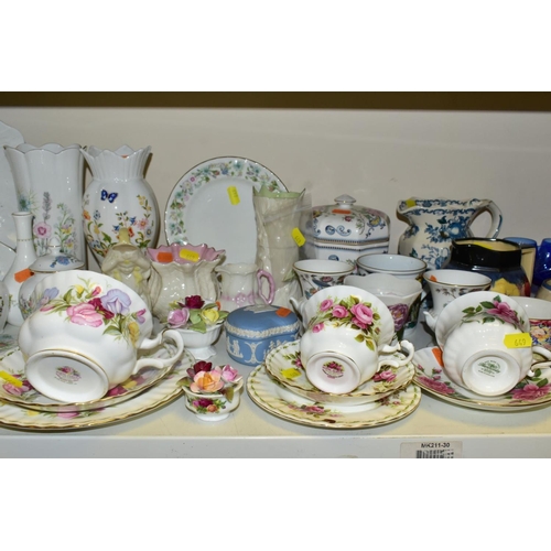 649 - A GROUP OF ORNAMENTS, TEAWARES & GLASSWARES, to include Aynsley 'Cottage Garden' and 'Wild Tudor' va... 