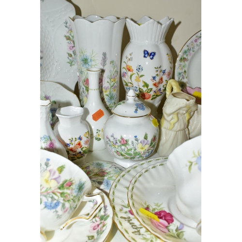 649 - A GROUP OF ORNAMENTS, TEAWARES & GLASSWARES, to include Aynsley 'Cottage Garden' and 'Wild Tudor' va... 