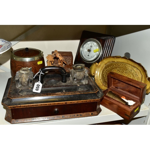 650 - A VICTORIAN INLAID INKSTAND, with two glass wells (sd), a central carry handle and pull-out drawer (... 