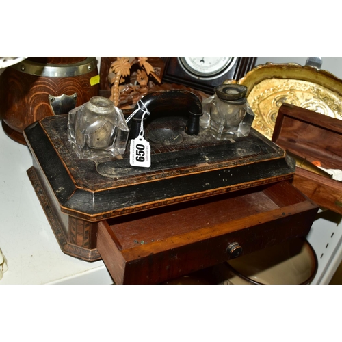 650 - A VICTORIAN INLAID INKSTAND, with two glass wells (sd), a central carry handle and pull-out drawer (... 