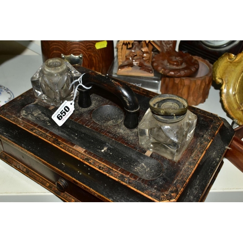 650 - A VICTORIAN INLAID INKSTAND, with two glass wells (sd), a central carry handle and pull-out drawer (... 