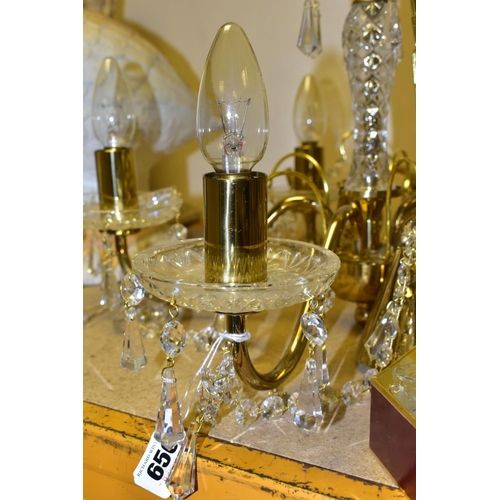 656 - A MODERN FIVE BRANCH CHANDELIER, with glass droppers, approximate height 29cm, together with similar... 