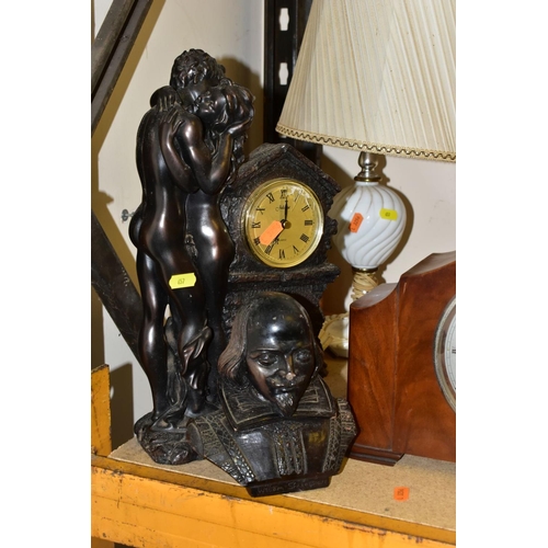 657 - SCULPTURES, CLOCKS AND LAMPS, etc to include an Enfield chiming mantel clock - requires attention, q... 