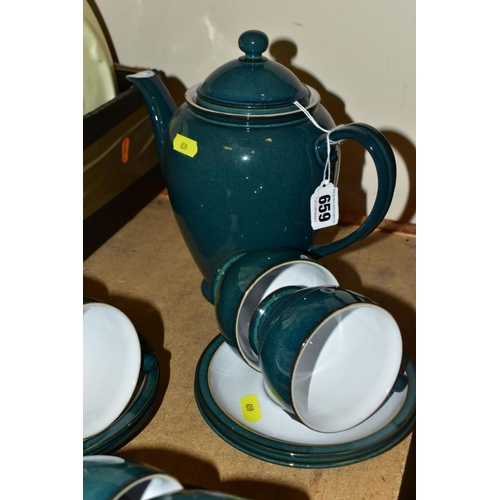 659 - A DENBY GREENWICH TEASET FOR SIX, comprising tea cups, saucers and teapot (Condition:- Signs of ligh... 