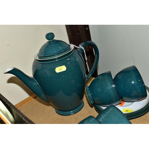 659 - A DENBY GREENWICH TEASET FOR SIX, comprising tea cups, saucers and teapot (Condition:- Signs of ligh... 