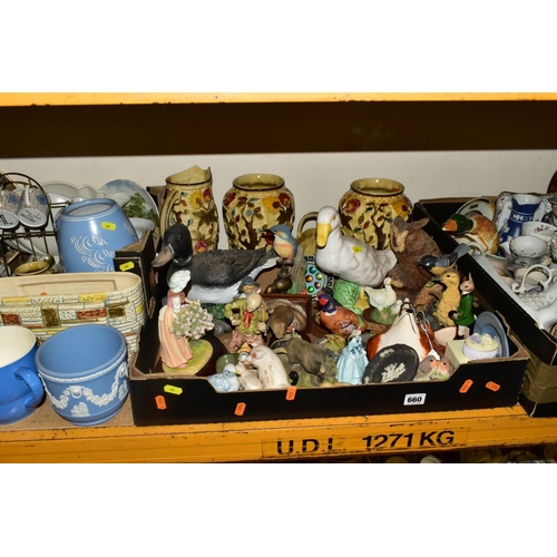 660 - THREE BOXES AND LOOSE CERAMICS AND ORNAMENTS etc, to include Falcon Ware 'Cavalier' jugs and tankard... 