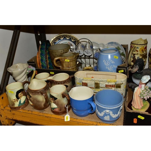 660 - THREE BOXES AND LOOSE CERAMICS AND ORNAMENTS etc, to include Falcon Ware 'Cavalier' jugs and tankard... 