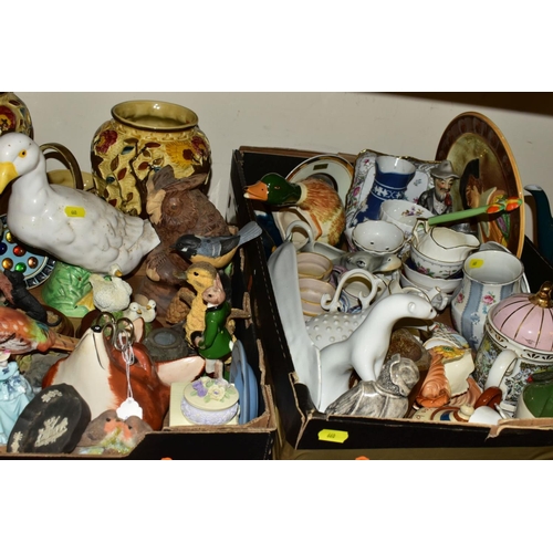 660 - THREE BOXES AND LOOSE CERAMICS AND ORNAMENTS etc, to include Falcon Ware 'Cavalier' jugs and tankard... 