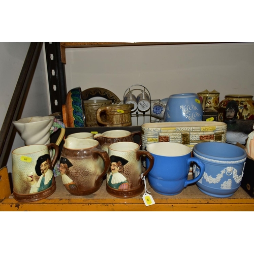 660 - THREE BOXES AND LOOSE CERAMICS AND ORNAMENTS etc, to include Falcon Ware 'Cavalier' jugs and tankard... 