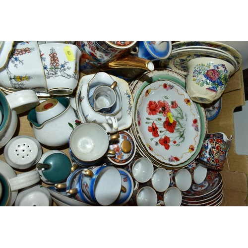 661 - THREE BOXES OF ASSORTED TEA WARES etc, to include Colclough 8232 and 7433 pattern, Denby Green Wheat... 