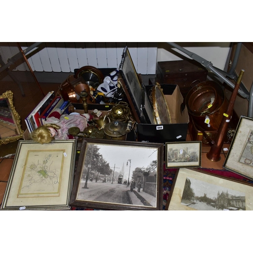 668 - THREE BOXES AND LOOSE METALWARES, BOOKS, PICTURES AND SUNDRIES, including 20th Century copper plante... 