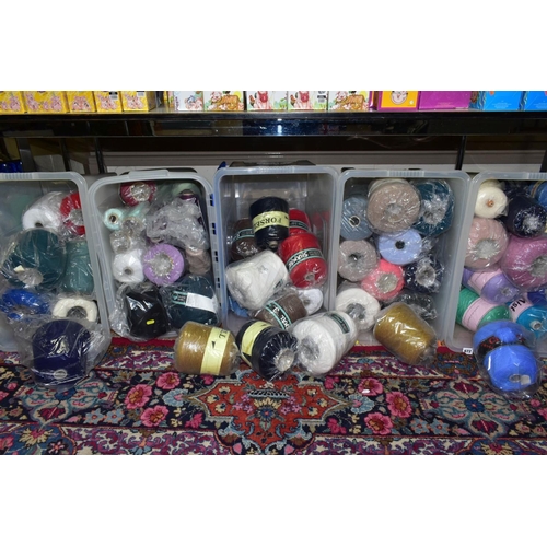 672 - SIX PLASTIC TUBS OF CONES OF KNITTING WOOL, acrylic/wool blend, 100% mercerised cotton, 100% acrylic... 