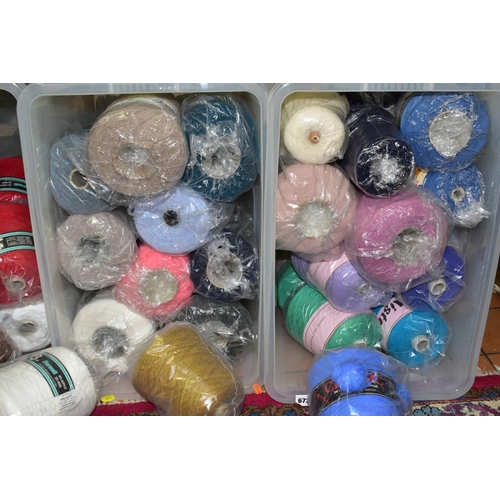 672 - SIX PLASTIC TUBS OF CONES OF KNITTING WOOL, acrylic/wool blend, 100% mercerised cotton, 100% acrylic... 