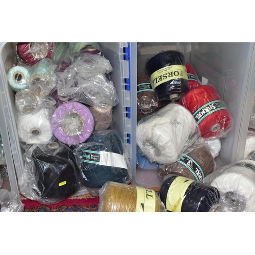 672 - SIX PLASTIC TUBS OF CONES OF KNITTING WOOL, acrylic/wool blend, 100% mercerised cotton, 100% acrylic... 