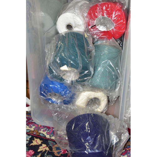 672 - SIX PLASTIC TUBS OF CONES OF KNITTING WOOL, acrylic/wool blend, 100% mercerised cotton, 100% acrylic... 