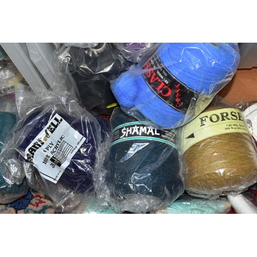 672 - SIX PLASTIC TUBS OF CONES OF KNITTING WOOL, acrylic/wool blend, 100% mercerised cotton, 100% acrylic... 