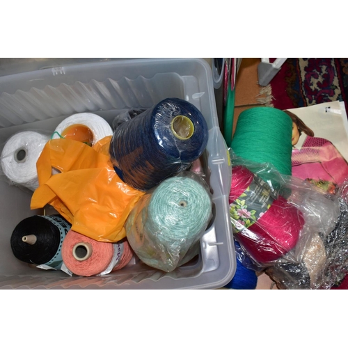 672 - SIX PLASTIC TUBS OF CONES OF KNITTING WOOL, acrylic/wool blend, 100% mercerised cotton, 100% acrylic... 