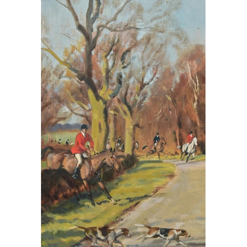 674 - NEIL CAWTHORNE (BRITISH 1936) 'ACROSS THE ROAD - QUORN' The Quorn Hunt crossing from field to field ... 