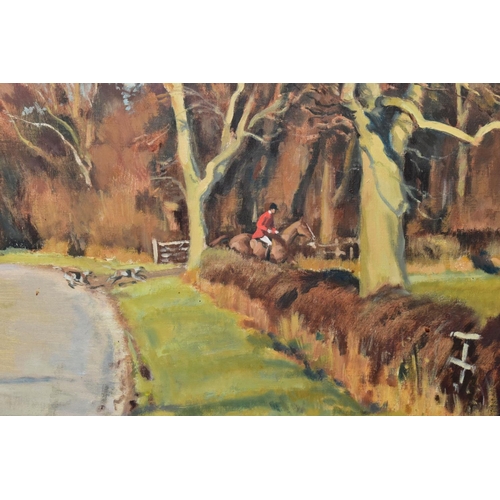 674 - NEIL CAWTHORNE (BRITISH 1936) 'ACROSS THE ROAD - QUORN' The Quorn Hunt crossing from field to field ... 