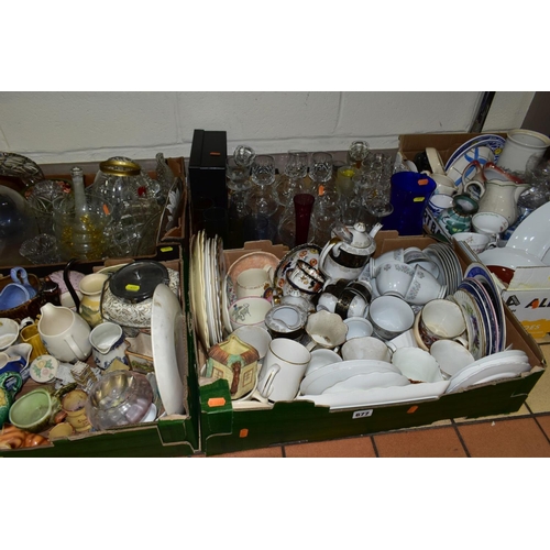 677 - FIVE BOXES OF ASSORTED CERAMICS AND GLASSWARE, including Japanese tea and coffee wares, assorted cup... 