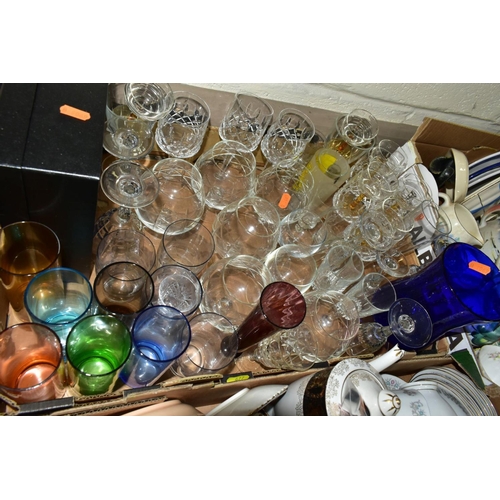 677 - FIVE BOXES OF ASSORTED CERAMICS AND GLASSWARE, including Japanese tea and coffee wares, assorted cup... 