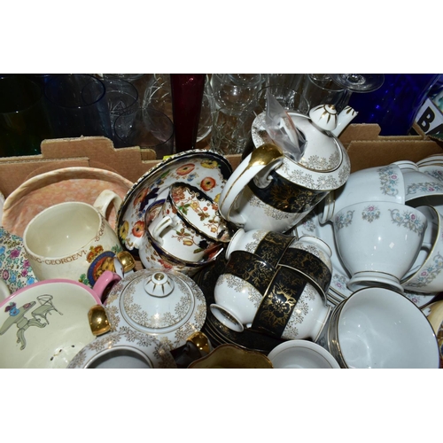 677 - FIVE BOXES OF ASSORTED CERAMICS AND GLASSWARE, including Japanese tea and coffee wares, assorted cup... 