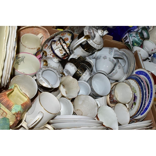 677 - FIVE BOXES OF ASSORTED CERAMICS AND GLASSWARE, including Japanese tea and coffee wares, assorted cup... 