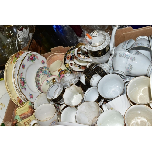 677 - FIVE BOXES OF ASSORTED CERAMICS AND GLASSWARE, including Japanese tea and coffee wares, assorted cup... 