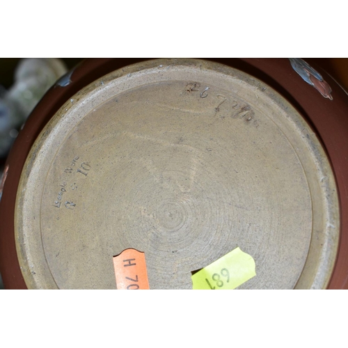 681 - TWO LATE 19TH CENTURY LOVATT & LOVATT LANGLEY WARE JARDINIERES AND TWO OTHER LANGLEY ITEMS, comprisi... 