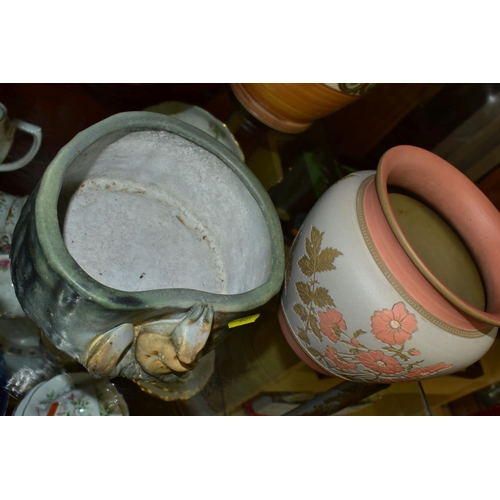 681 - TWO LATE 19TH CENTURY LOVATT & LOVATT LANGLEY WARE JARDINIERES AND TWO OTHER LANGLEY ITEMS, comprisi... 