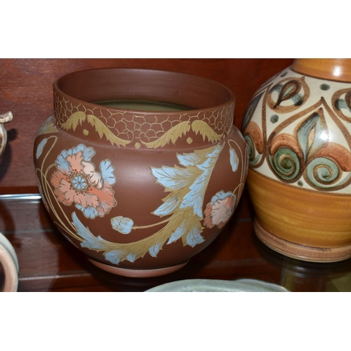 681 - TWO LATE 19TH CENTURY LOVATT & LOVATT LANGLEY WARE JARDINIERES AND TWO OTHER LANGLEY ITEMS, comprisi... 