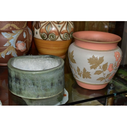 681 - TWO LATE 19TH CENTURY LOVATT & LOVATT LANGLEY WARE JARDINIERES AND TWO OTHER LANGLEY ITEMS, comprisi... 