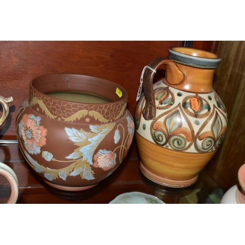 681 - TWO LATE 19TH CENTURY LOVATT & LOVATT LANGLEY WARE JARDINIERES AND TWO OTHER LANGLEY ITEMS, comprisi... 