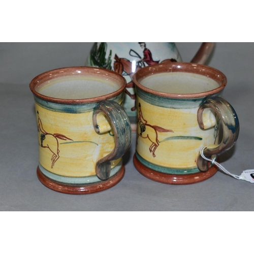 682 - A PAIR OF GLYN COLLEDGE OF DENBY HAND PAINTED HUNTING MUGS AND A BALUSTER SHAPED TANKARD, similarly ... 