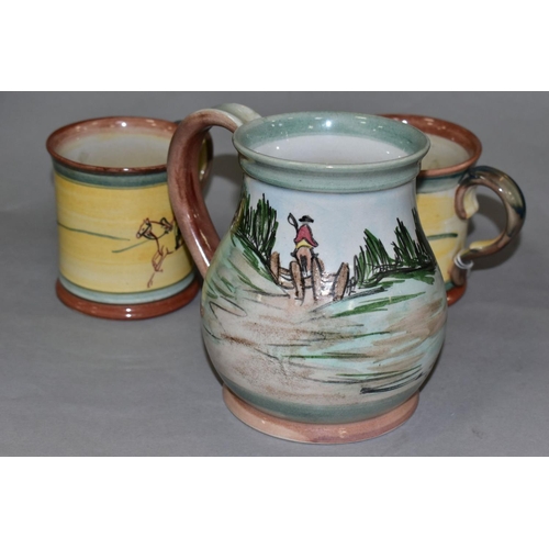 682 - A PAIR OF GLYN COLLEDGE OF DENBY HAND PAINTED HUNTING MUGS AND A BALUSTER SHAPED TANKARD, similarly ... 