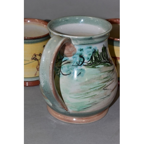 682 - A PAIR OF GLYN COLLEDGE OF DENBY HAND PAINTED HUNTING MUGS AND A BALUSTER SHAPED TANKARD, similarly ... 