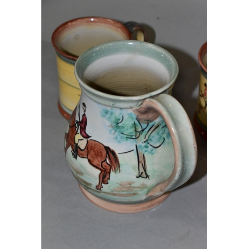 682 - A PAIR OF GLYN COLLEDGE OF DENBY HAND PAINTED HUNTING MUGS AND A BALUSTER SHAPED TANKARD, similarly ... 