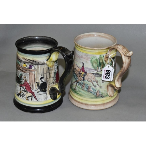 683 - TWO GLYN COLLEDGE OF DENBY HAND PAINTED CONICAL TANKARDS, one with yellow rims painted with a fox hu... 