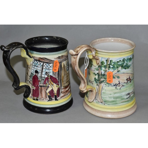 683 - TWO GLYN COLLEDGE OF DENBY HAND PAINTED CONICAL TANKARDS, one with yellow rims painted with a fox hu... 