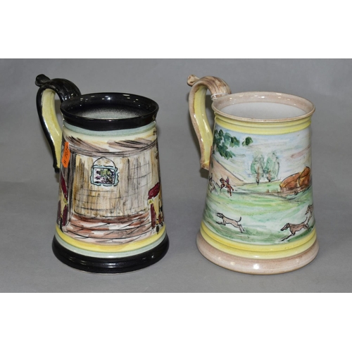 683 - TWO GLYN COLLEDGE OF DENBY HAND PAINTED CONICAL TANKARDS, one with yellow rims painted with a fox hu... 