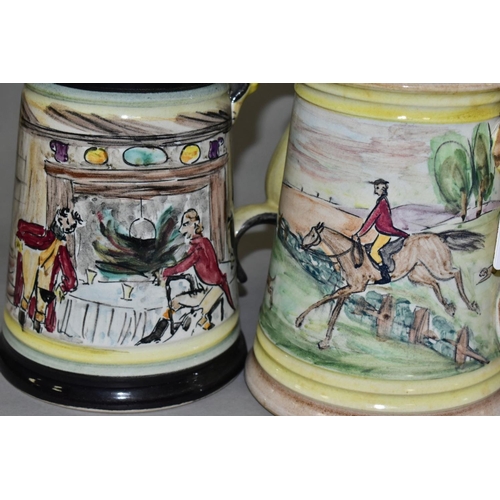 683 - TWO GLYN COLLEDGE OF DENBY HAND PAINTED CONICAL TANKARDS, one with yellow rims painted with a fox hu... 