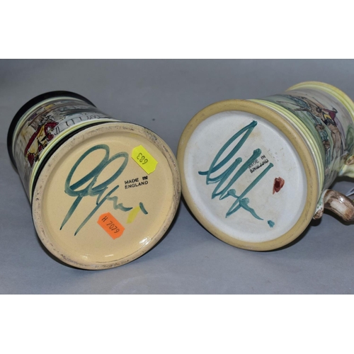 683 - TWO GLYN COLLEDGE OF DENBY HAND PAINTED CONICAL TANKARDS, one with yellow rims painted with a fox hu... 