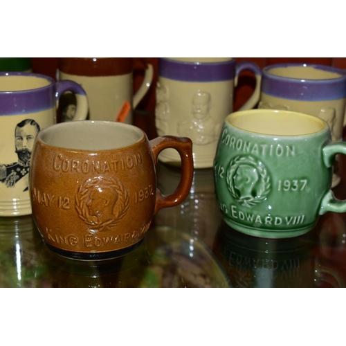 685 - A COLLECTION OF EIGHT BOURNE DENBY COMMEMORATIVE MUGS, a mixture of printed and relief decorated des... 