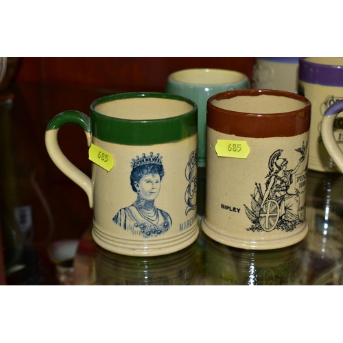 685 - A COLLECTION OF EIGHT BOURNE DENBY COMMEMORATIVE MUGS, a mixture of printed and relief decorated des... 