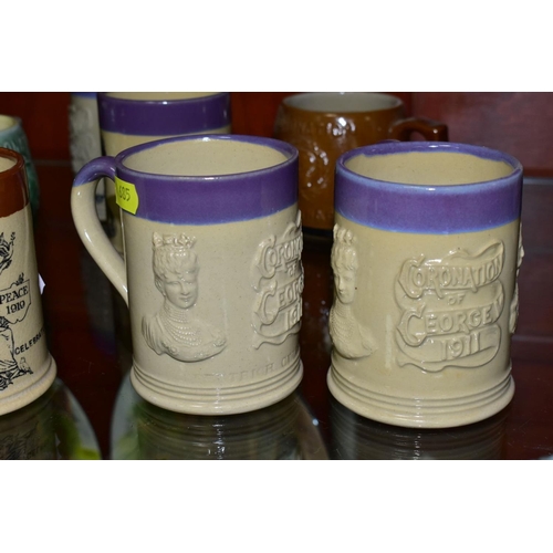 685 - A COLLECTION OF EIGHT BOURNE DENBY COMMEMORATIVE MUGS, a mixture of printed and relief decorated des... 