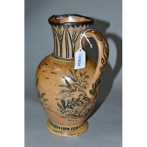 686 - A DOULTON LAMBETH HANNAH BARLOW BALUSTER SHAPED STONEWARE JUG, with a hallmarked silver rim, makers ... 