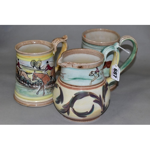 687 - THREE GLYN COLLEDGE OF DENBY HAND PAINTED ITEMS, DECORATED WITH FOX HUNTING SCENES, comprising a con... 